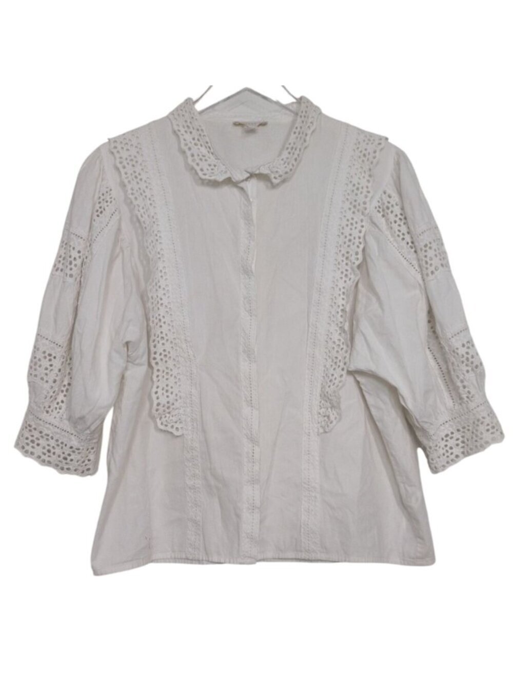 Intropia 40 Eyelet Lace Shirt Womens Size Medium White 100% Cotton 3/4 Sleeve